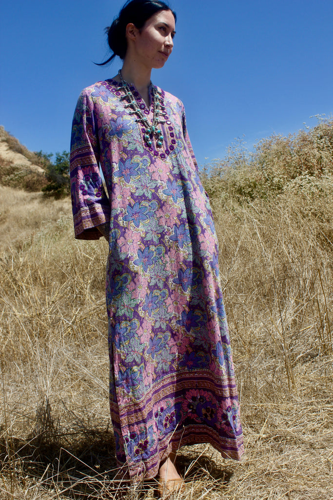 "The Bohemian Hostess" 1970s Block Print Mirrored Maxi Dress