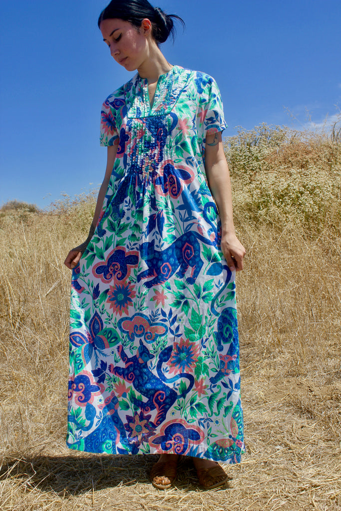 "The Bimini Boheme" 1970s Cotton Hand Printed Maxi Dress
