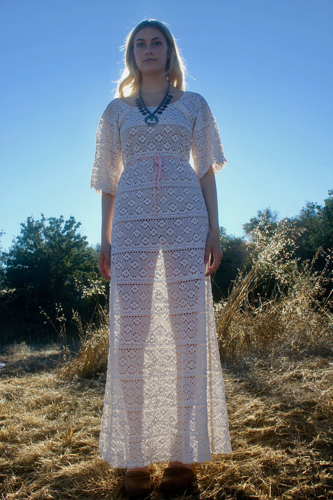 "The Sharon" 1970s Hand Crochet Maxi Dress