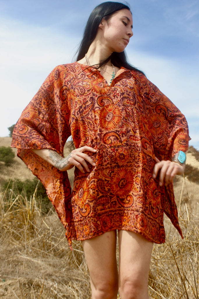 1970s Handwoven Indian Block Print Tunic Size Medium Burnt Orange and Eggplant