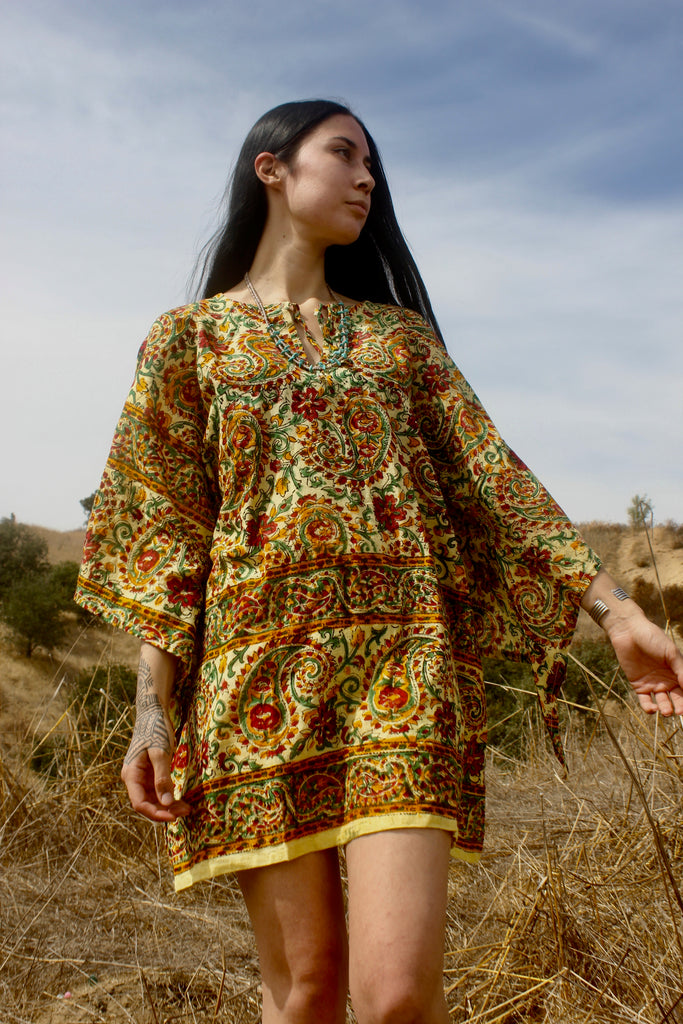 1970s Handwoven Indian Block Print Tunic Size Large Goldenrod Paisley