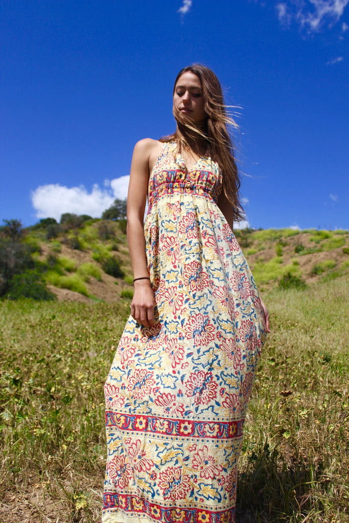 "Love" Vintage Indian Cotton Block Print Halter Dress