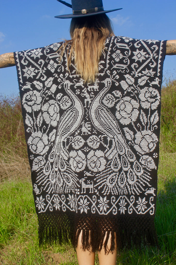 1970s "Cosmic Peacocks" Handwoven Mexican Poncho