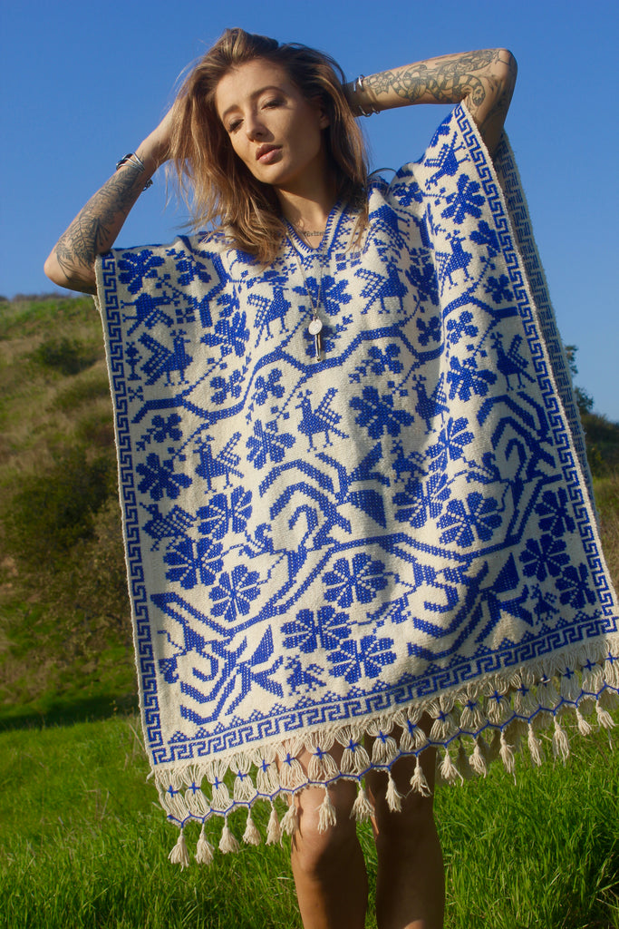 "Poncho Azul" Handmade Mexican Embroidered Poncho Circa 1970s