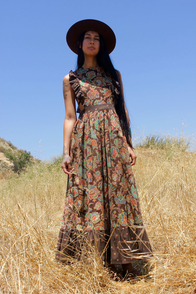"Brownsville Girl" 1970s indian block print pinafore smock dress