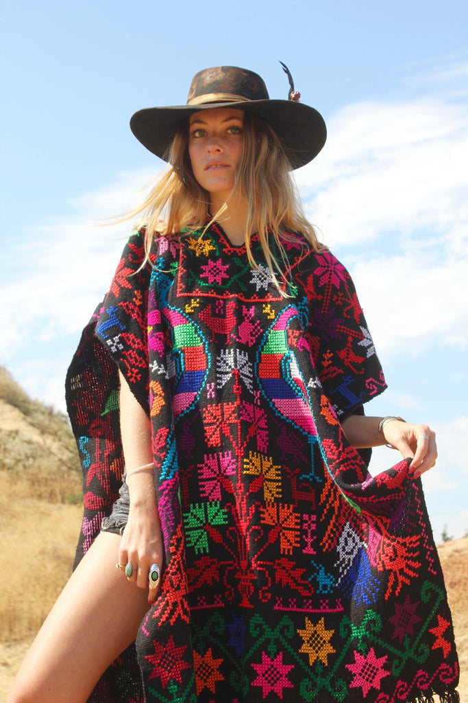"Cosmic Peacocks" Vintage Hand Embroidered Poncho