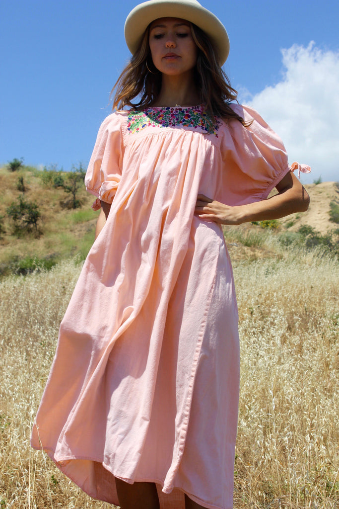 Peach Oaxacan Hand Embroidered Dress