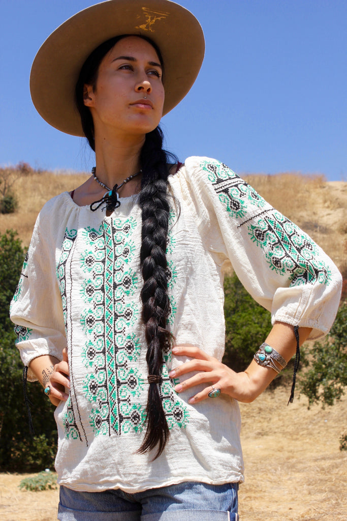 1970s Natural Gauzy Cotton Hand Embroidered Folk Peasant Blouse