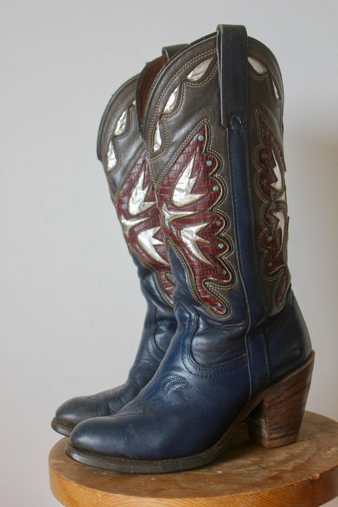 1970s Vintage Miss Capazio Butterfly Inlay Cowgirl Boots 6.5M