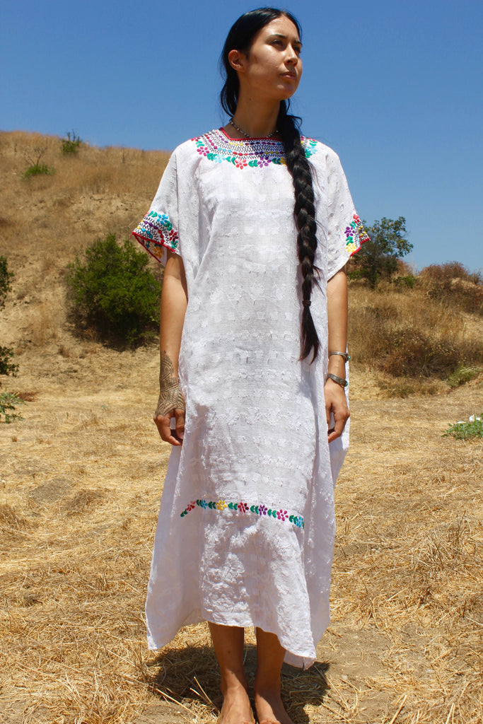 1970s Folk Art Handwoven Mexican Maxi Dress