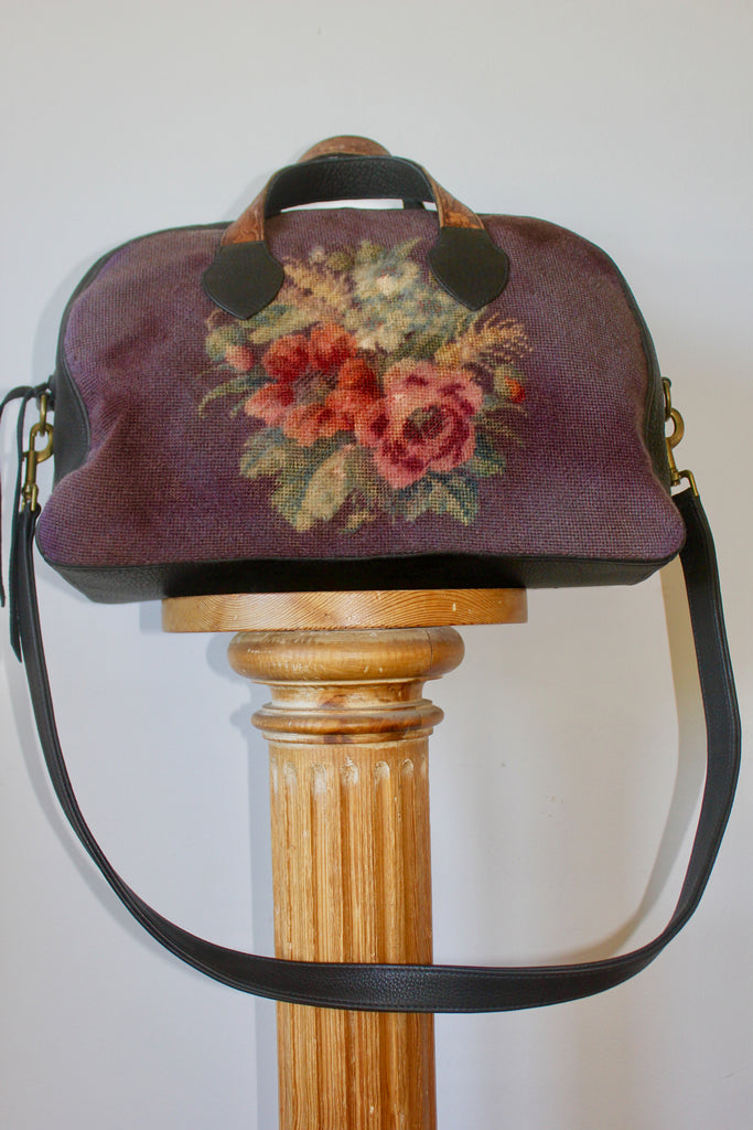Honeywood Original "Gypsy Overnighter" Antique Needlepoint Elk Skin Carpet Bag