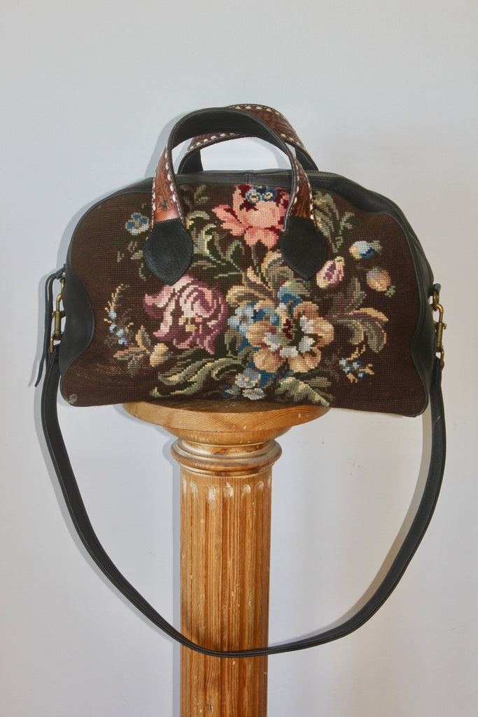 Honeywood Original One of a Kind Handmade Overnighter Bag Antique Needlepoint and Elk