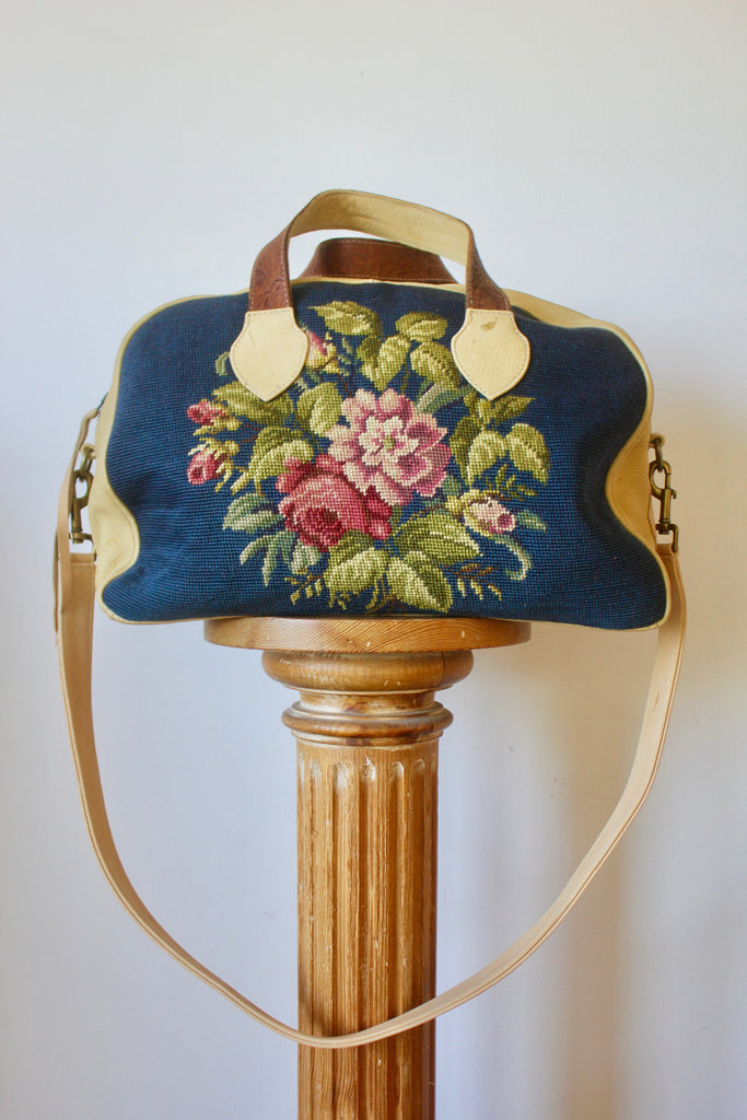Reserved Honeywood Original Overnighter Bag with Antique Needlepoint and Natural Elk