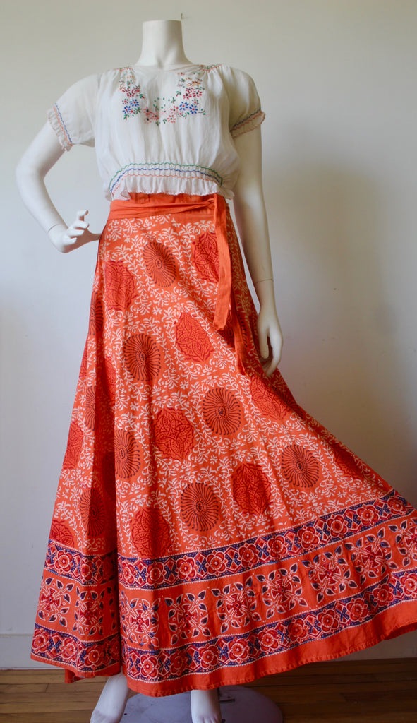 1970s Sun-kissed Orange Cotton Block Print Wrap skirt
