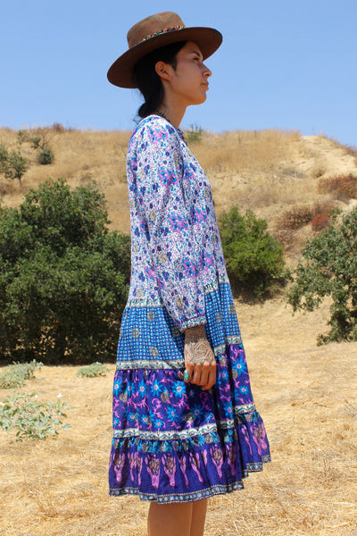 Rare 1970s Gauzy Indian Cotton Dress with Metallic thread