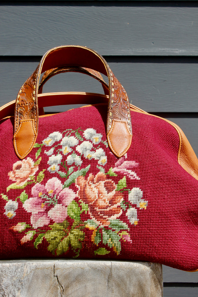 Honeywood Original Antique Needlepoint Overnighter Bag Elk Hide