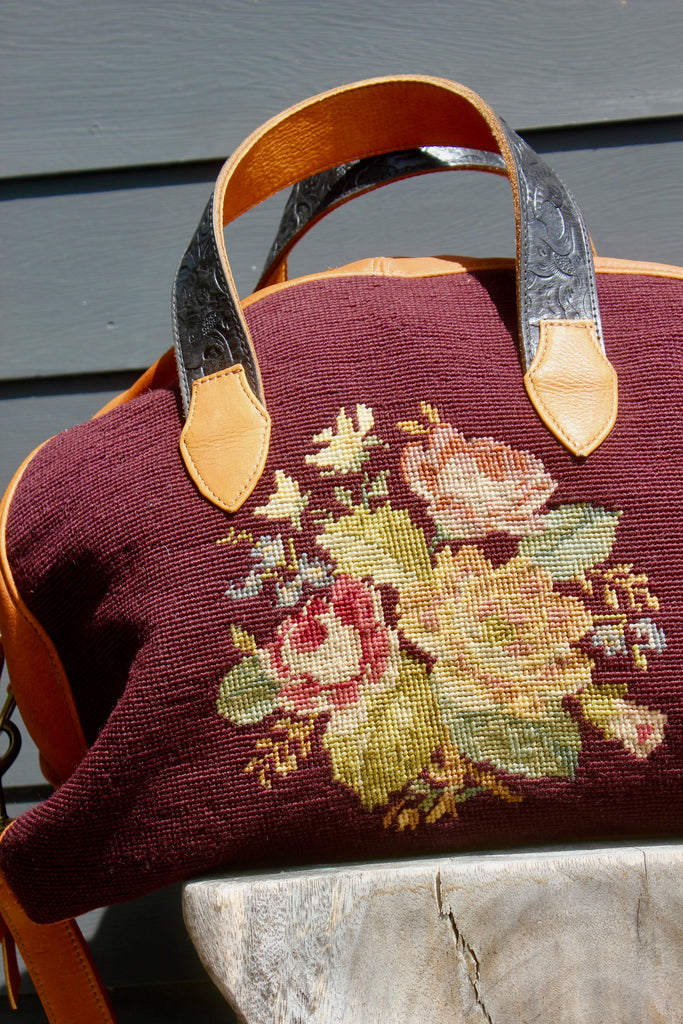 Honeywood Original Handmade Overnighter Bag Antique Needlepoint Elk Hide