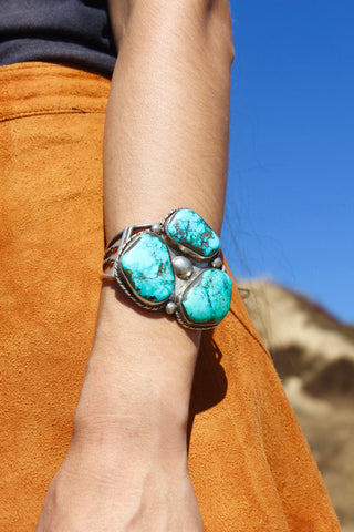 "Navajo Trilogy"  1930s HUGE Vintage Handmade Turquoise Cuff