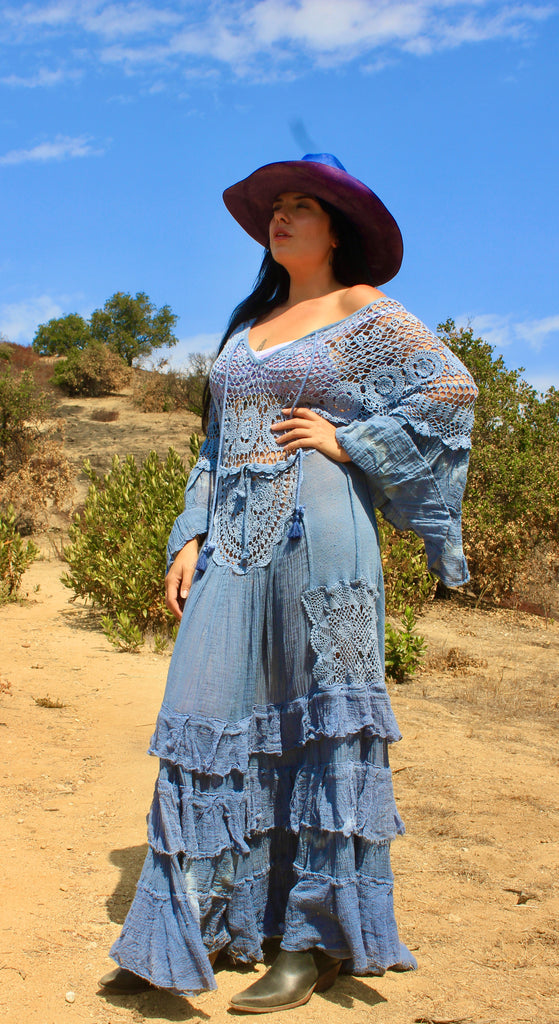A Honeywood Exclusive Handmade Indigo Antique Crochet and Gauze XL Maxi Dress XL