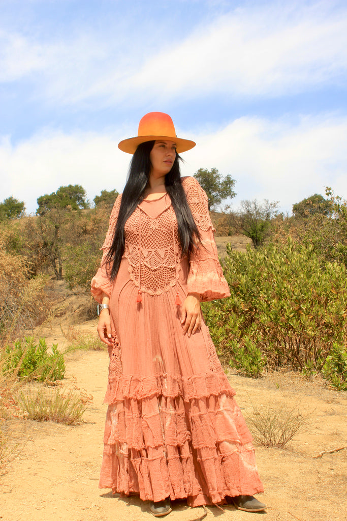 A Honeywood Exclusive Handmade Antique Crochet and Cotton Gauze Maxi Dress Desert Salmon Medium/Large