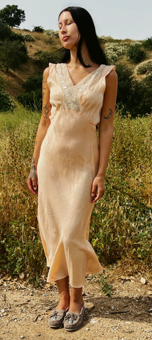 Circa 1930s/40s Elegant Bias Cut Peach Rayon Dress
