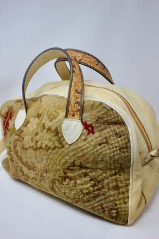 Exquisite Antique French Needlepoint Honeywood Original Overnighter Bag