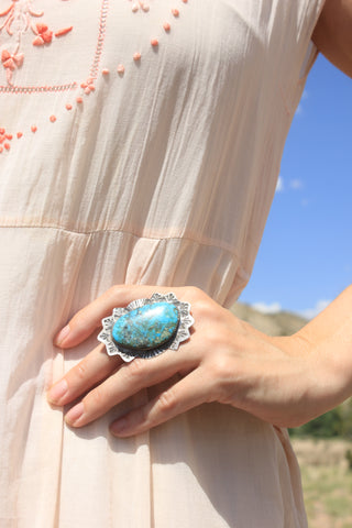 Wowza! Navajo Made Hand Stamped Sterling Turquoise Ring Adjustable