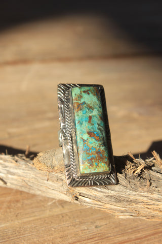 Chrysocolla  and Tibetan Silver large  Rectangular Ring