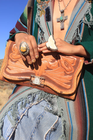 1940s Mexican Hand Tooled Leather Clutch with Bakelite Clasp