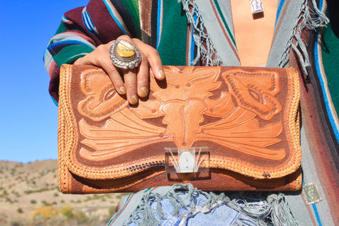 1940s Mexican Hand Tooled Leather Clutch with Bakelite Clasp