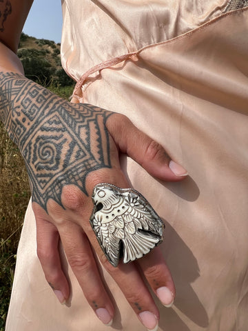 Huge Hand carved Bone Thunderbird Ring Adjustable