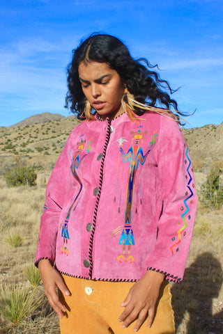 Vintage Char Hand Painted  “Yei” Suede Jacket Sterling Conchos XL