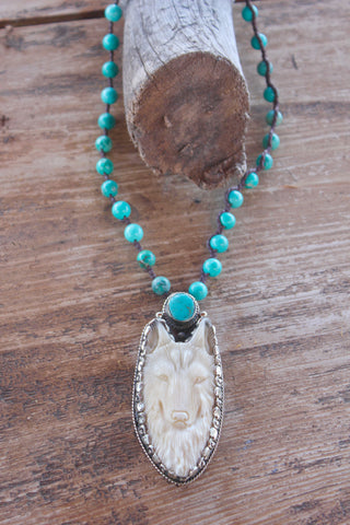 “Wolf” Hand carved Bone and Turquoise Tibetan Silver Necklace