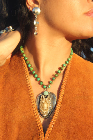 Hand Carved Wolf and Turquoise Necklace