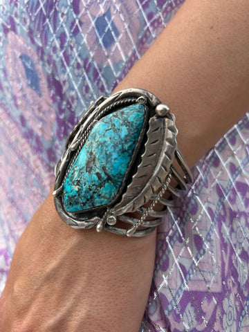 1970s Signifiant Navajo Turquoise Sterling Cuff signed CT