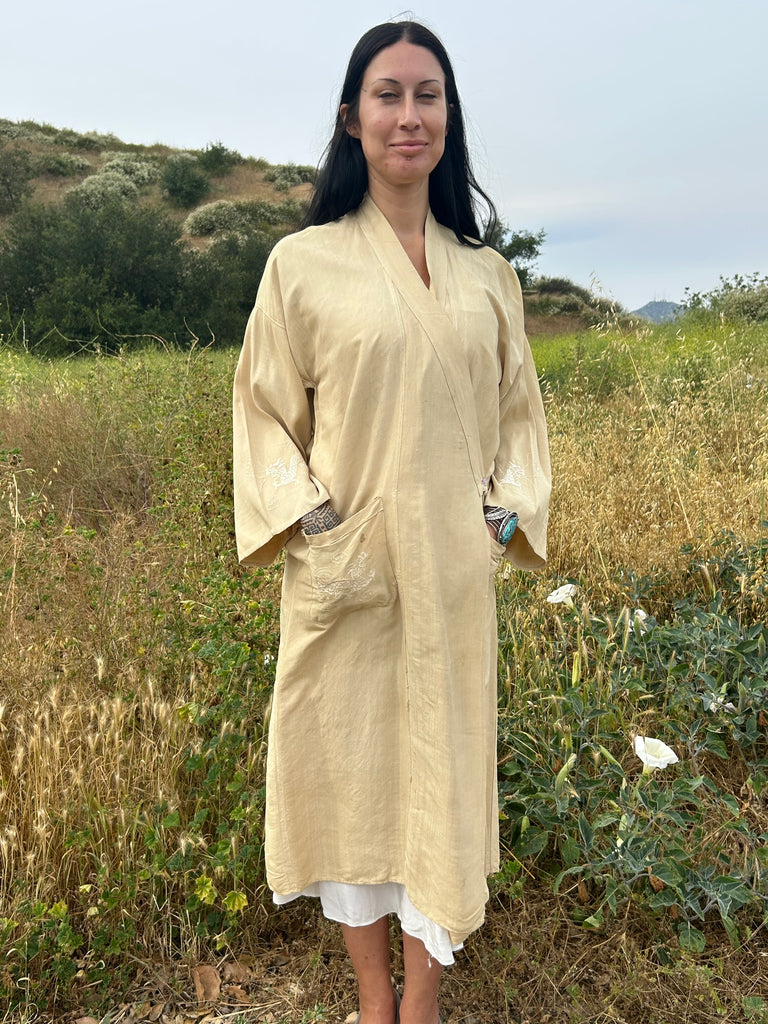Antique Raw Silk Kimono Dress Hand Embroidered Dragon – Honeywood