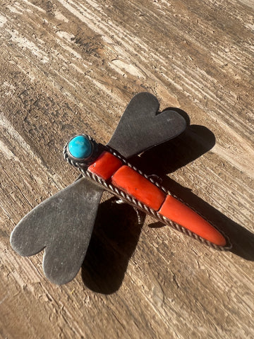 Vintage Santo Domingo Sterling Dragonfly Brooch with Spiny Oyster and Turquoise