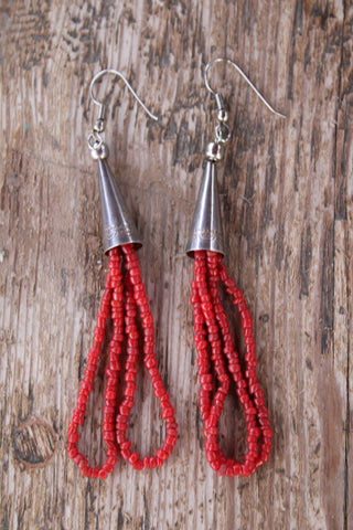 Long Vintage Navajo Coral Bead Earrings