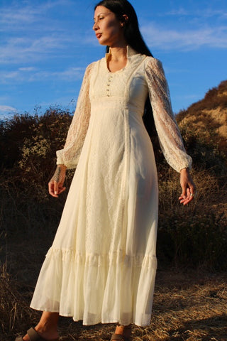 1970s Vintage Romantic Prairie Wedding Dress