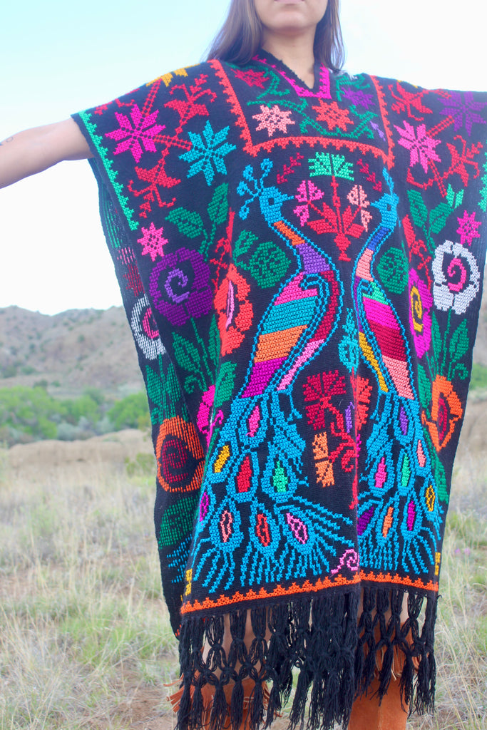 1970s "Cosmic Peacocks" Hand Woven Mexican Poncho