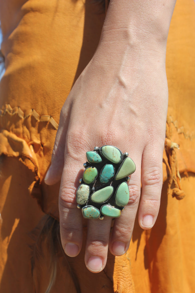 Turquoise Cluster Statement Ring Tibetan Silver