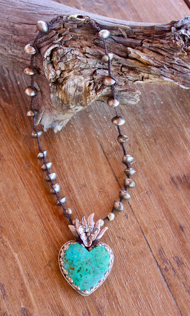 "Mi Corazon" Chrysocola Sacred Heart and Hand Tied African Beads