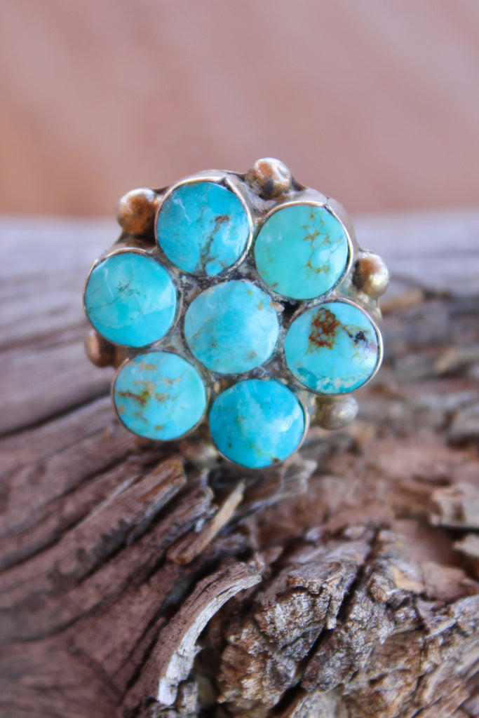 Round Navajo Turquoise Cluster Ring Size 8