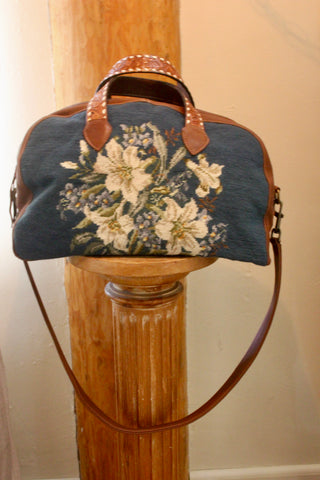 "Regal Lily" Hand Embroidered Antique Needlepoint One of A Kind Deerskin Honeywood Overnighter