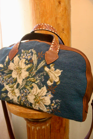 "Regal Lily" Hand Embroidered Antique Needlepoint One of A Kind Deerskin Honeywood Overnighter