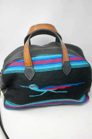 Vintage Chimayo Roadrunner Weaving Handmade Honeywood Deerskin Overnighter bag
