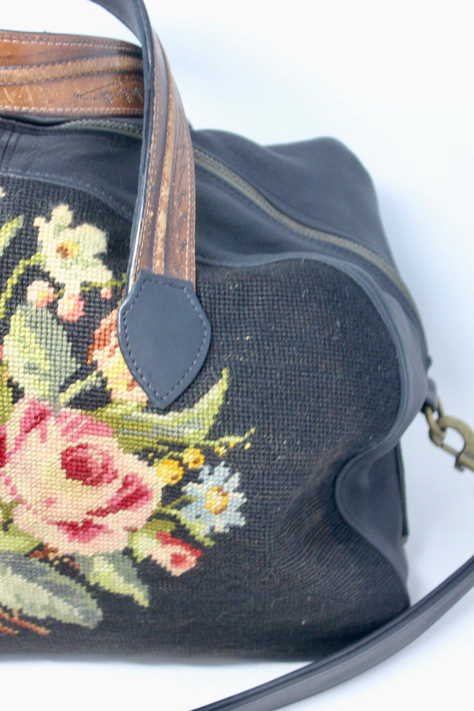 Antique Blue Floral Needlepoint Leather Tapestry Handbag