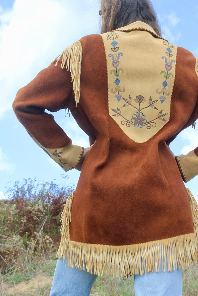 Handmade Deerskin Western Artisan Jacket Hand Drawn Flowers and Fringe –  Honeywood