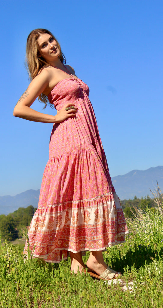 SALE "Petal Pink" Gauzy Indian Block Print Maxi Halter Dress "Love my Honeywood SALE "Petal Pink" Gauzy Indian Block Print Maxi Halter Dress "Love my Honeywood