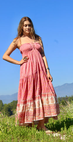 SALE "Petal Pink" Gauzy Indian Block Print Maxi Halter Dress "Love my Sunshine"